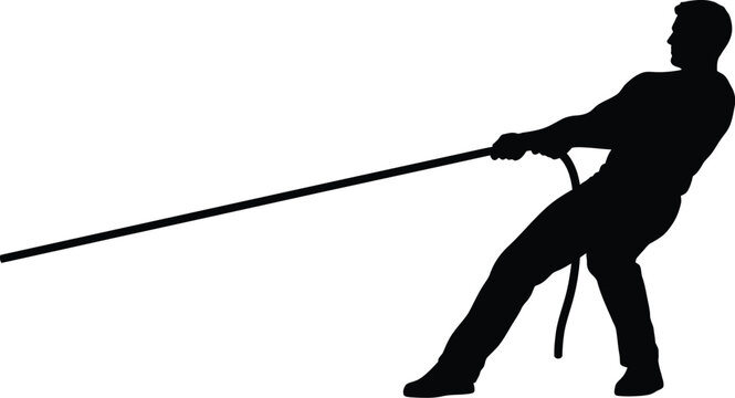 Businessman pulls a rope with great physical effort to demonstrate teamwork and corporate strength.