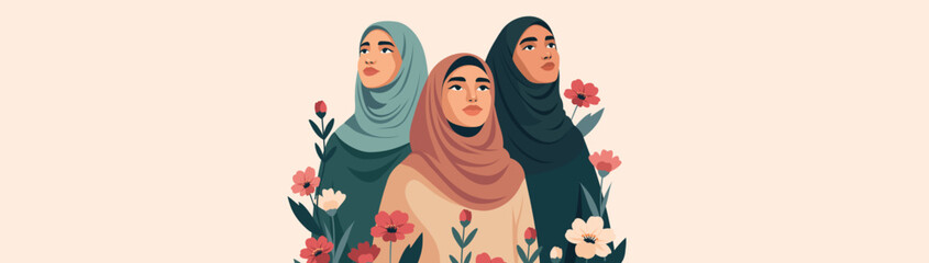 International Women's Day, March 8. Vector horizontal banner with space for text. Arab Muslim women in hijabs look up against a background of flowers. Symbol of beauty, dignity, freedom, empowerment