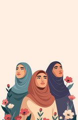 International Women's Day, March 8. Vector vertical banner with space for text. Three Arab Muslim women in hijabs look up against a background of flowers. A symbol of beauty, dignity, and empowerment