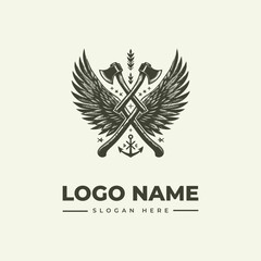 Obraz premium A black and white illustration of a winged logo with crossed axes and anchor on a beige background, featuring a vintage engraving style with the text 'LOGO NAME' and 'SLOGAN HERE' in a