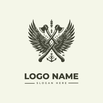 A black and white illustration of a winged logo with crossed axes and anchor on a beige background, featuring a vintage engraving style with the text 'LOGO NAME' and 'SLOGAN HERE' in a