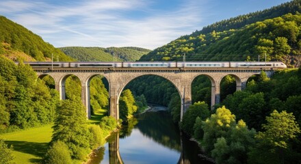 Fototapeta premium Train traveling over stone bridge through lush green landscape on sunny day