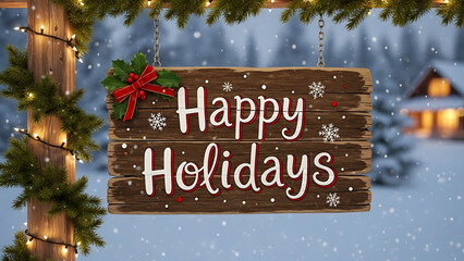 Rustic 'Happy Holidays' sign in snowy winter landscape with lights