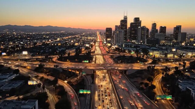 Spaghetti junction cityscape with rush hour traffic and sunset glow