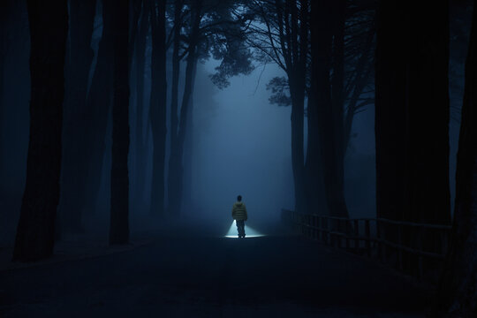 Silhouette of a teenage boy walking through the dark, misty forest at night