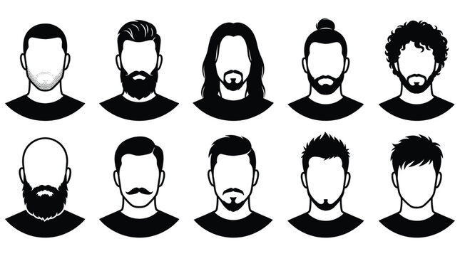 Diverse group of men with various hairstyles and beards in black and white