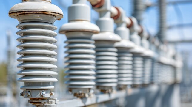 Close up of lightning arrestors at an electrical substation