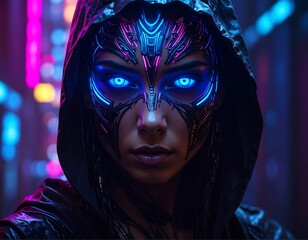 Woman with glowing blue eyes, mask and hood in an urban street, neon bokeh lights in background