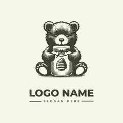 Obraz premium A vintage-style woodcut illustration of a cute bear holding a honey jar with a logo and slogan on a beige background.