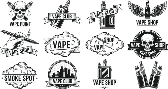 Detailed black-and-white vector set featuring 12 vape emblems including electronic cigarettes, vapor clouds, shop logos, and skull motifs
