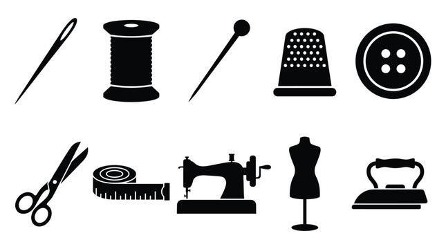 Sewing and tailoring tools and equipment icons in black and white