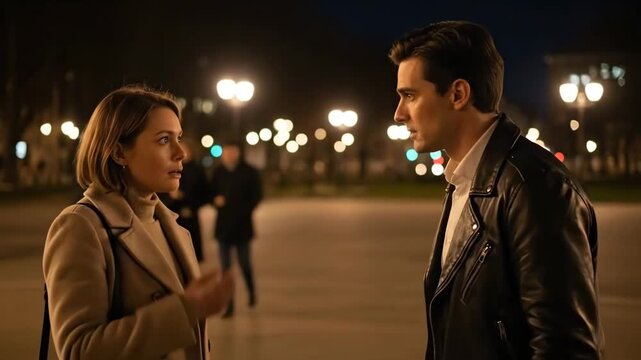 A couple arguing on a dimly lit street at night