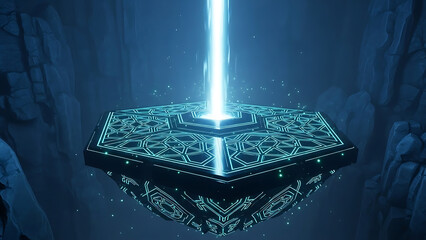 Mystical glowing geometric platform in a dark, rocky cavern, emitting a bright blue light.