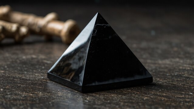 Modern design featuring black pyramid sitting on top of wooden table - Generative AI