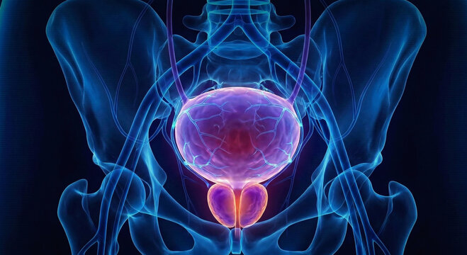 Human urinary bladder and prostate gland anatomy, glowing blue neon x-ray style visualization on dark background