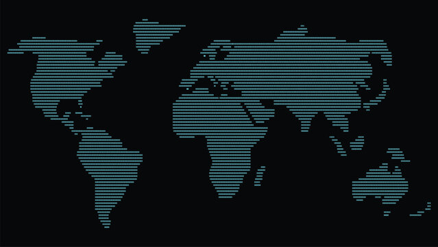 World map composed of glowing blue digital binary code on a dark background, illustrating global technology and data transfer.