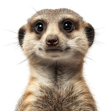 PNG of Close-up of a curious meerkat with bright eyes and detailed fur texture.