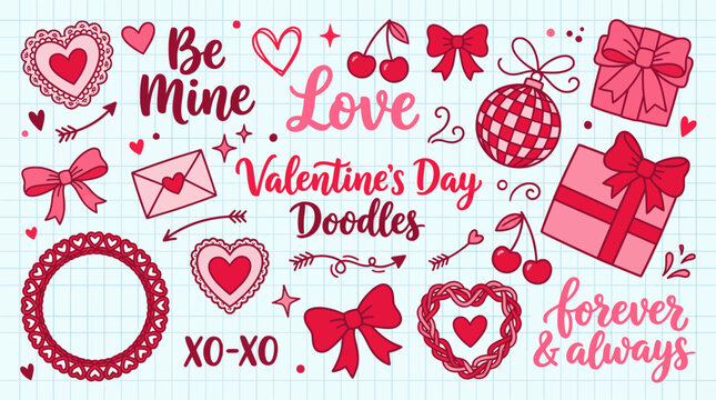Valentine's Day Doodles: Hearts, Gifts, Ribbons and Love Words in Pink & Red &ndash; Hand-Drawn Romantic Illustration