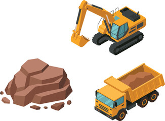 Isometric construction site illustration with excavator, dump truck and rock pile for mining, excavation and heavy machinery industry concept © David  Creations