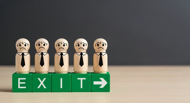 A group of wooden men are standing on a green block with the word exit written on it. The men are wearing ties and appear to be unhappy