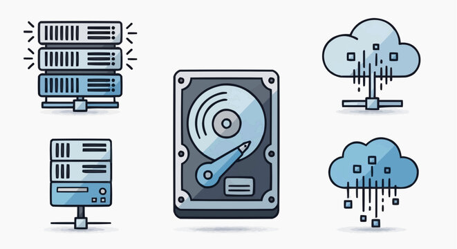 Collection of digital storage icons including servers, hard drives, and cloud computing