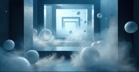 Fototapeta premium Abstract scene. Blue tones dominate, featuring spheres, fog, geometric shapes, nested frames creating depth. Minimalist, futuristic aesthetic.