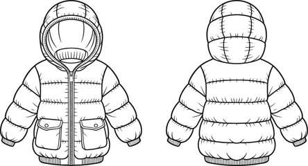 Kids winter puffer jacket front and back view, hooded quilted coat technical fashion flat vector illustration © David  Creations