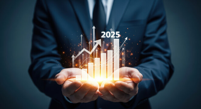 Business Growth Graph in Hand Projecting Financial Success Forecasted for Year 2025 Showing Increased Revenue Profits Investment