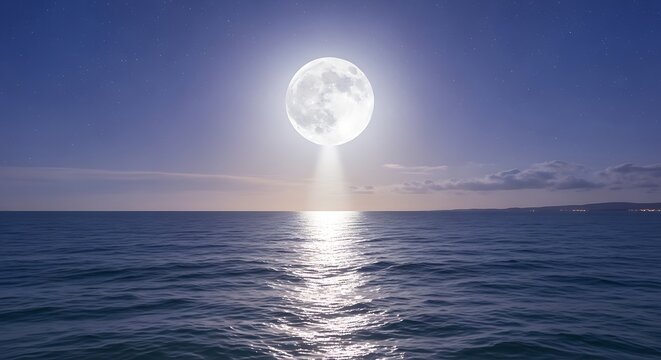 Bright full moon casts a radiant beam across dark ocean waters under a starry night sky