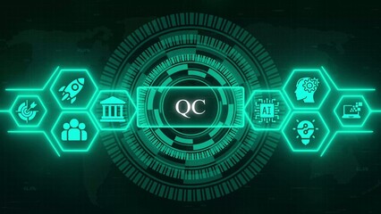 Obraz premium Digital abstract background with Q C symbol and interconnected hexagonal green blue