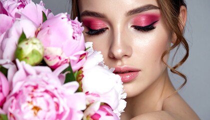 Woman with pink eyeshadow and full, pink peonies. Eyes closed, softly smiling against light gray background