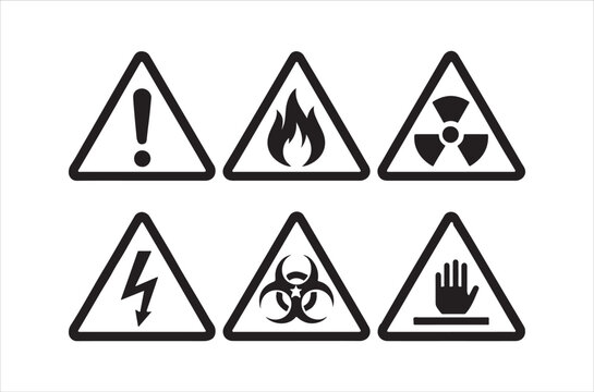 A collection of black and yellow triangular warning signs depicting various hazards and dangers