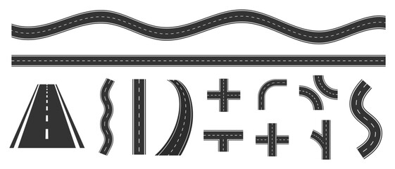 Obraz premium Top view road markings set. Highway lanes and race tracks set. Seamless straight street road pack. Town or city pavement asphalt repeated pattern. Vertical roadway drive stripes bundle. Vector