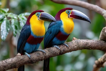 Fototapeta premium Two Colorful Toucans Perched on a Branch