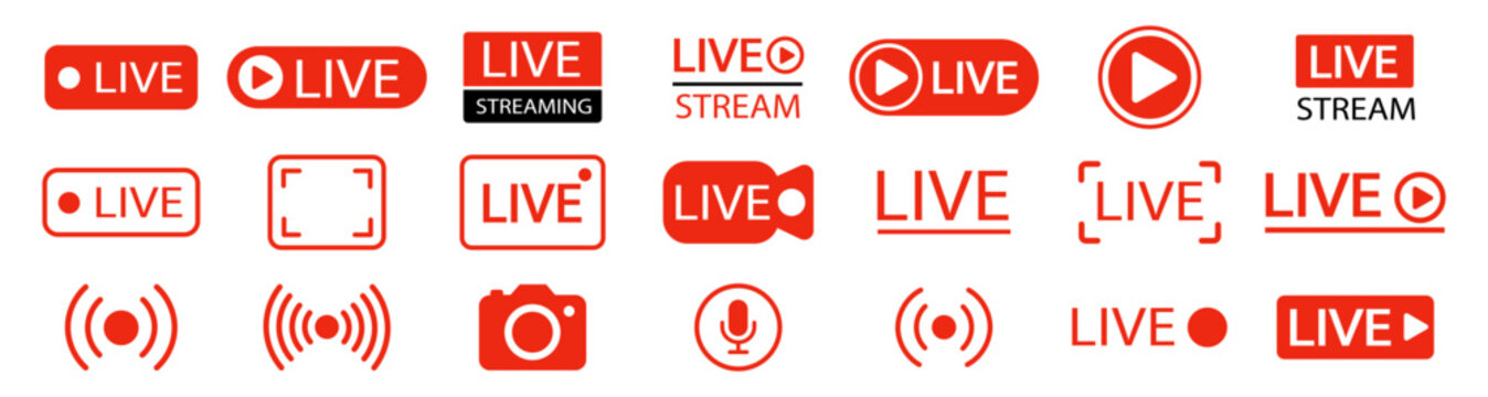 Live streaming icon set button, banner, label, sticker, stamp. Live broadcasting buttons and symbols. Video online stream icons. Live stream logo. Watch live stream. Social media. Vector illustration.