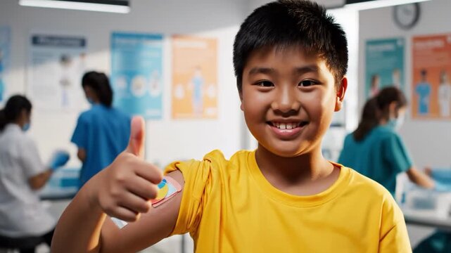 Happy young boy showing off a colorful bandage after vaccination