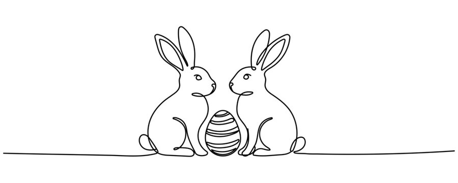 Easter Bunny continuous one line drawing. Easter border with eggs and cute cartoon bunny in continuous line art drawing style. Editable stroke