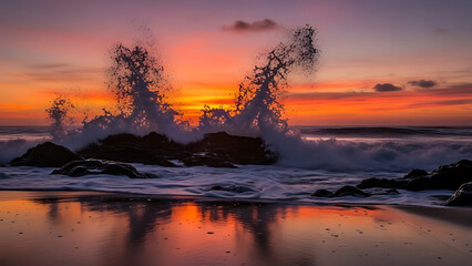 Dramatic ocean waves crashing against dark rocks at sunset, with vibrant colors reflecting on wet sand.