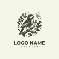 Obraz premium A vintage-style woodcut illustration of a bird perched on a branch with leaves and musical notes, forming a logo design with a placeholder name and slogan in a classic engraving style.