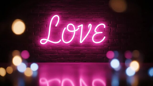 Vibrant pink neon 'Love' sign illuminates a dark brick wall, creating a romantic and heartfelt atmosphere with soft, enchanting bokeh lights