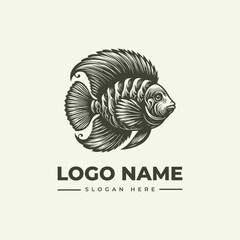 A vintage engraving style illustration of a fish icon with the words 'LOGO NAME' and 'SLOGAN HERE' against a clean white background.