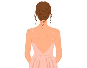 Woman with updo facing away, wearing blush dress with thin straps, visible back