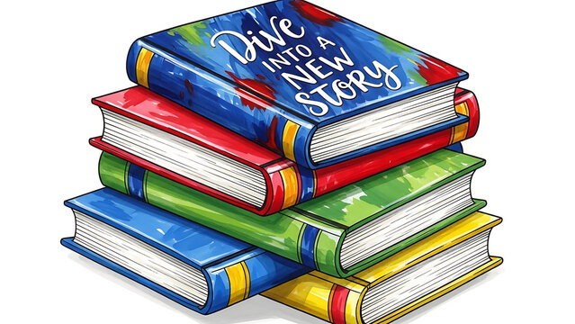 Colorful books stack with text dive into a new story isolated on a transparent background