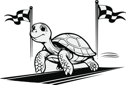  Vector line illustration of a turtle slowly crossing a finish line, patience and long-term success concept, clean outline, white background 1