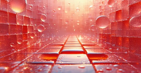 Fototapeta premium Red cubic structure extends into distance. Bubbles float within glossy walls, creating surreal perspective. Light emanates from center.