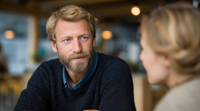 An executive producer meets with a talented screenwriter in a cozy caf&eacute;, brainstorming fresh ideas for upcoming films, illustrating the creative process behind successful projects in entertainment.