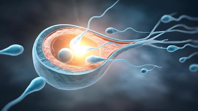 Sperm cells surrounding an egg cell in a fertilization scene viewed from a microscopic perspective in a laboratory environment.