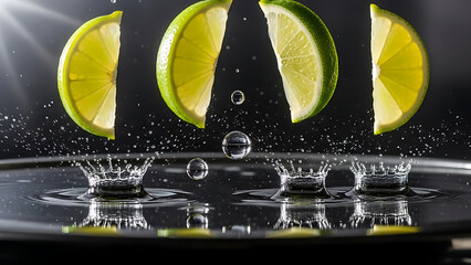 Lime slices falling into water, creating ripples and splashes, with water droplets suspended in air.