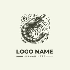 A vintage-style woodcut illustration of a shrimp surrounded by swirling floral patterns, with a logo name and slogan placeholder in a classic engraving aesthetic.