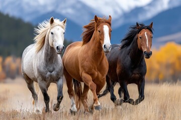 Obraz premium Three Horses Running in an Autumn Field